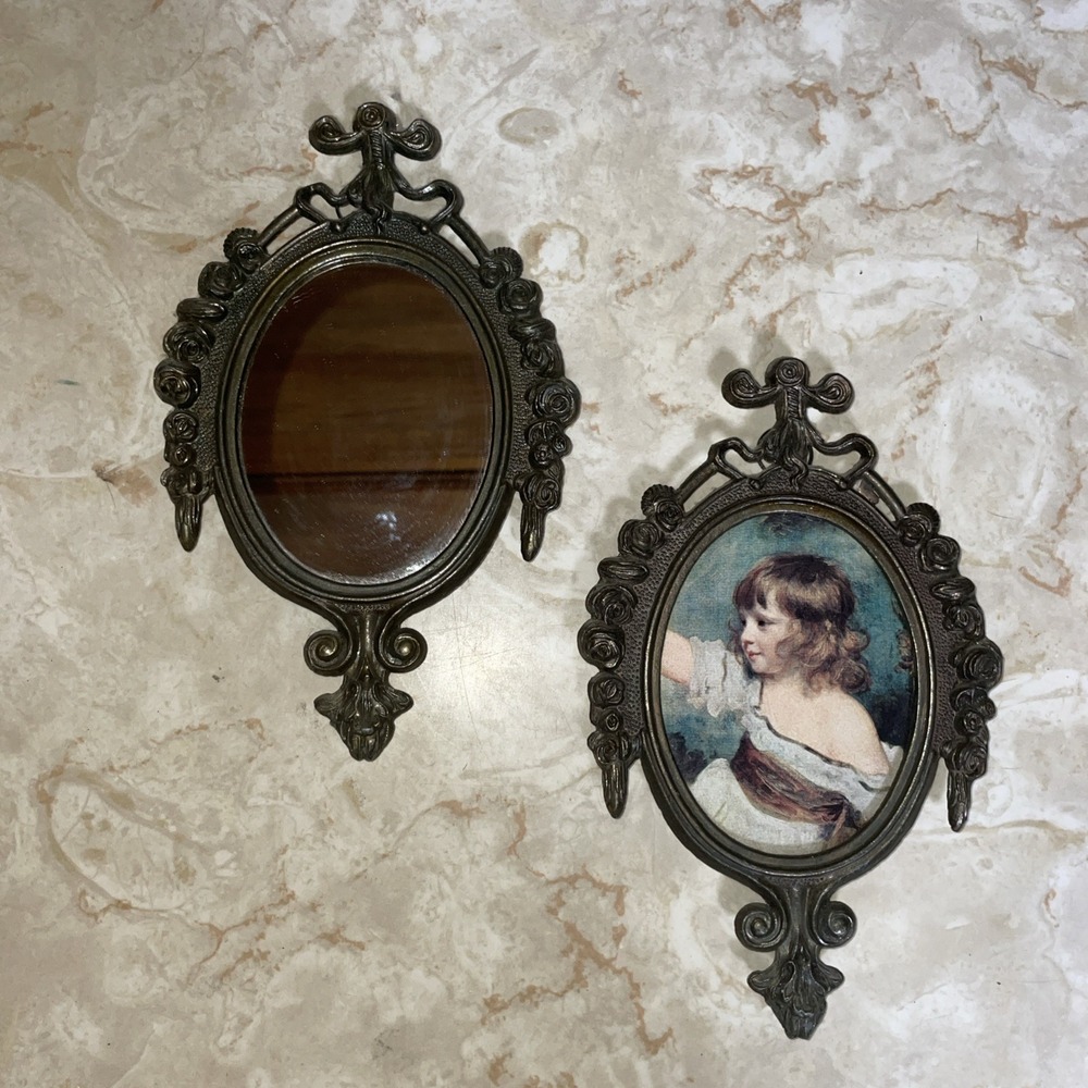Pair Of Vintage Ornate Metal Oval Picture Frames With Young Child & Mirror
